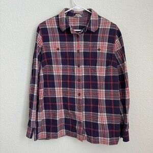Duluth Trading Shirt L Red Purple Plaid Flannel Button Up Casual